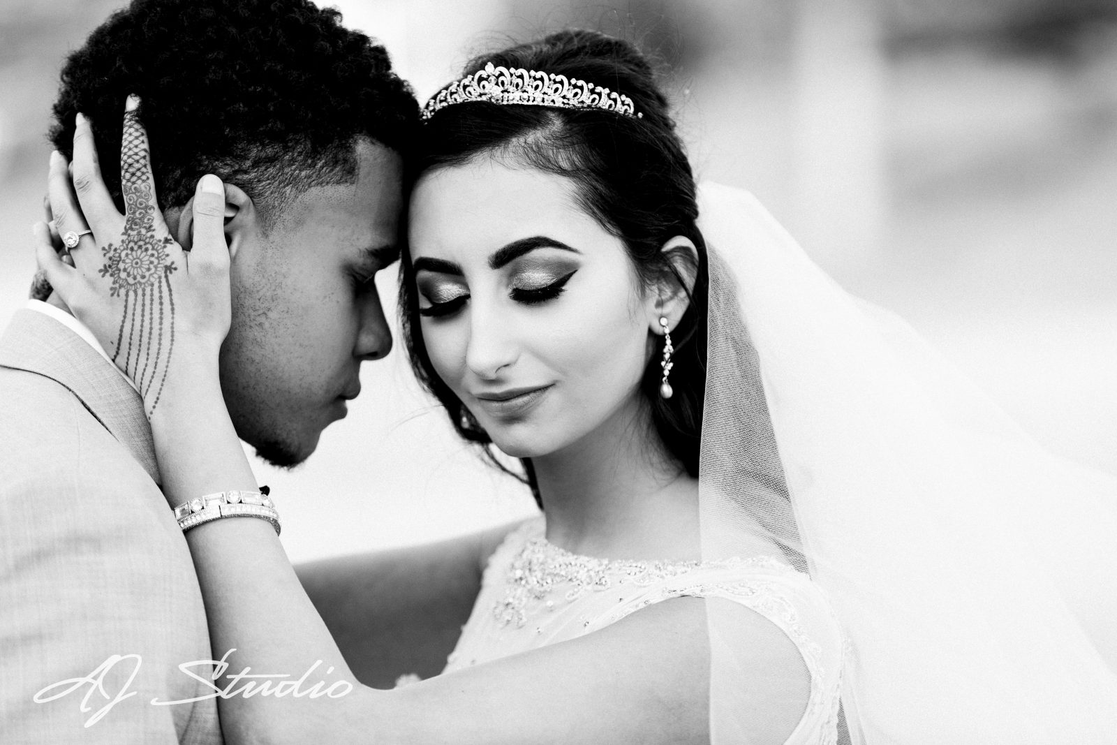 bride and groom in black/white