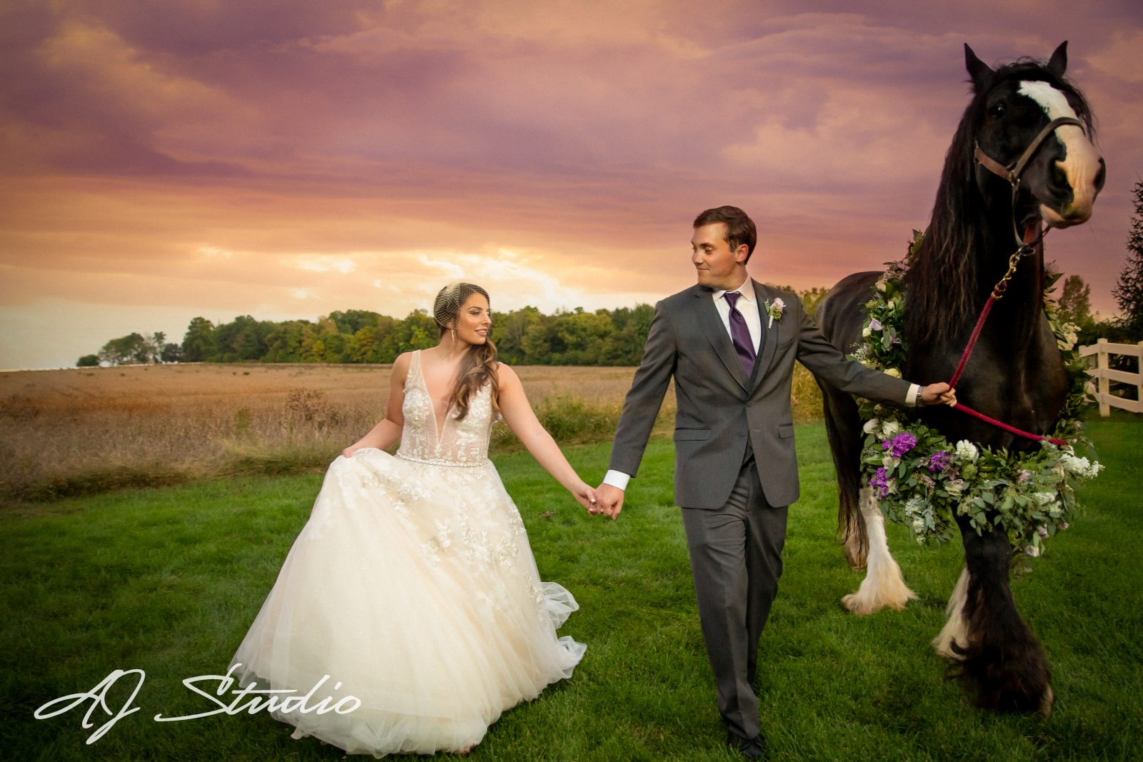 bride and groom with horse at sunset